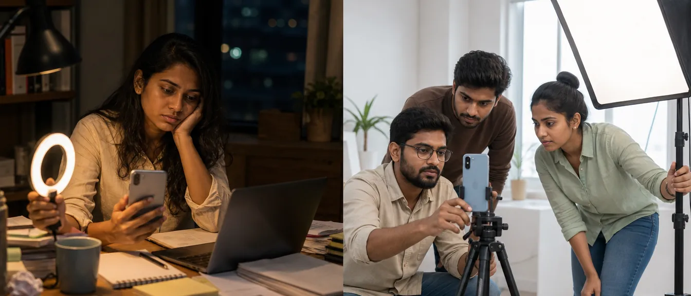 A marketer filming alone beside a small production crew setting up a shoot