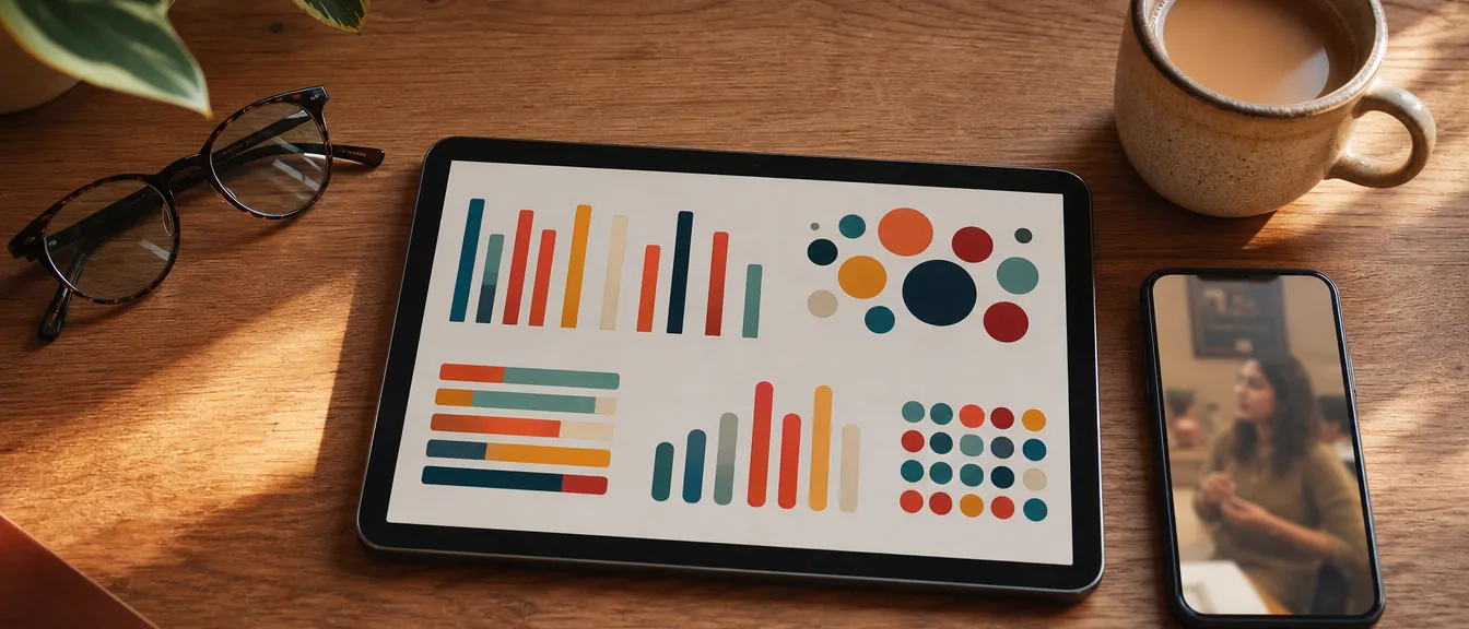 Desk with a tablet showing an abstract chart and a phone playing a vertical video